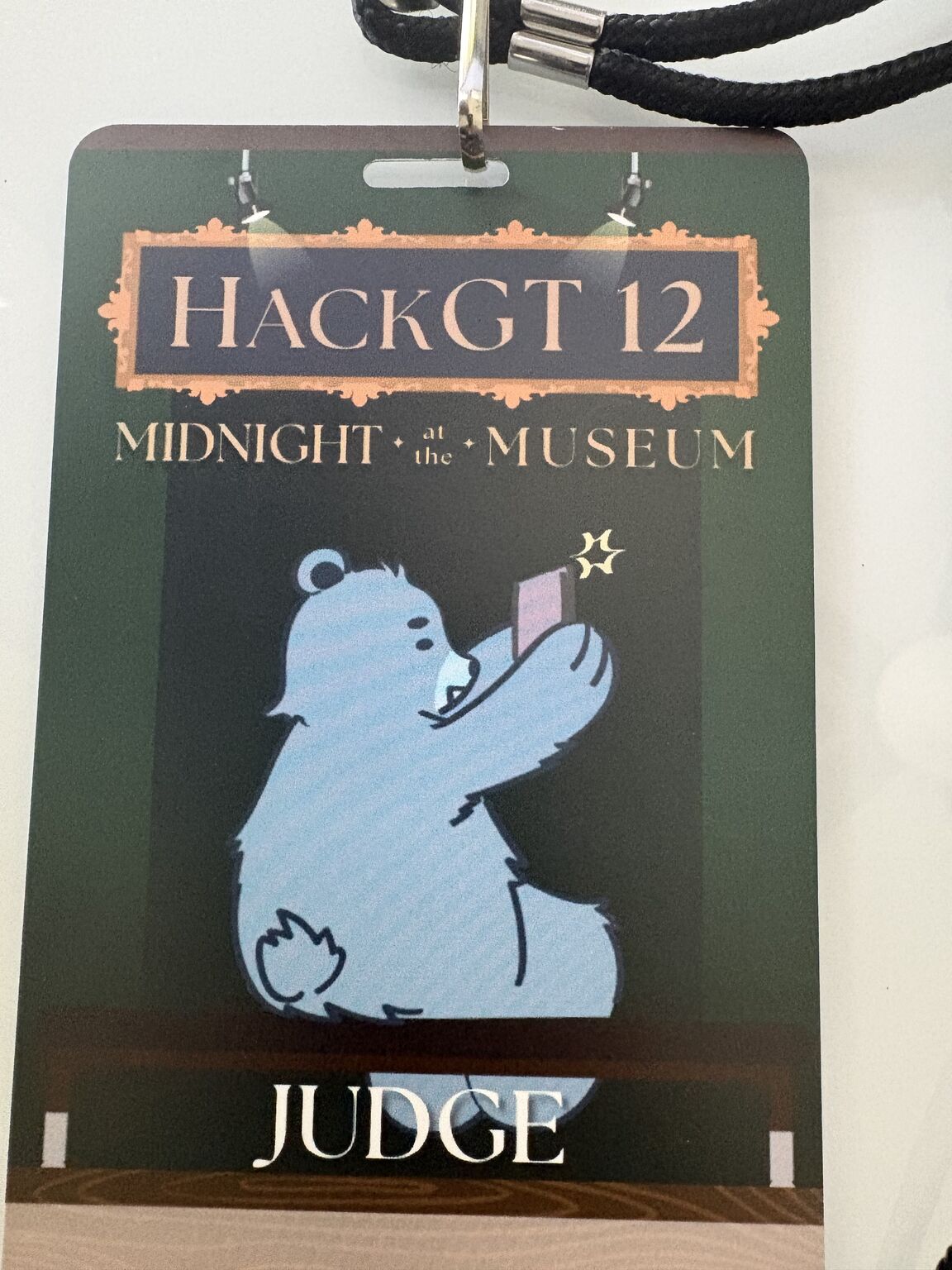 Hemant Soni's judge badge from HackGT 12, Midnight at the Museum, at Georgia Tech